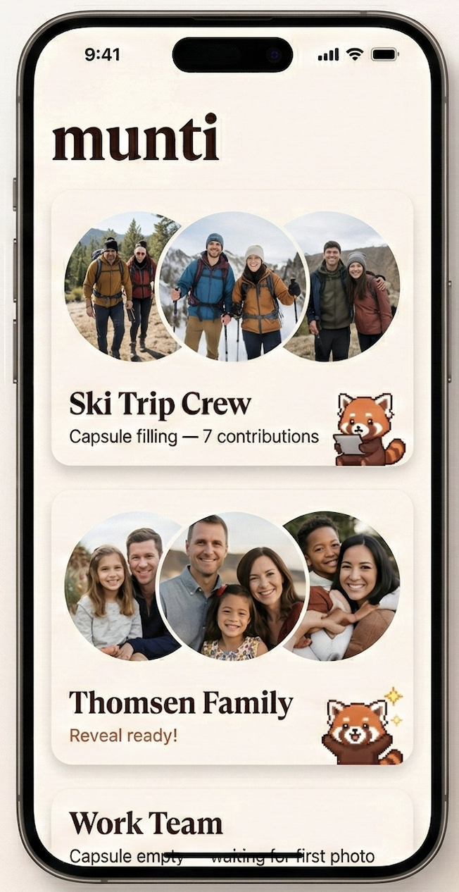 Munti app — groups and capsules in progress